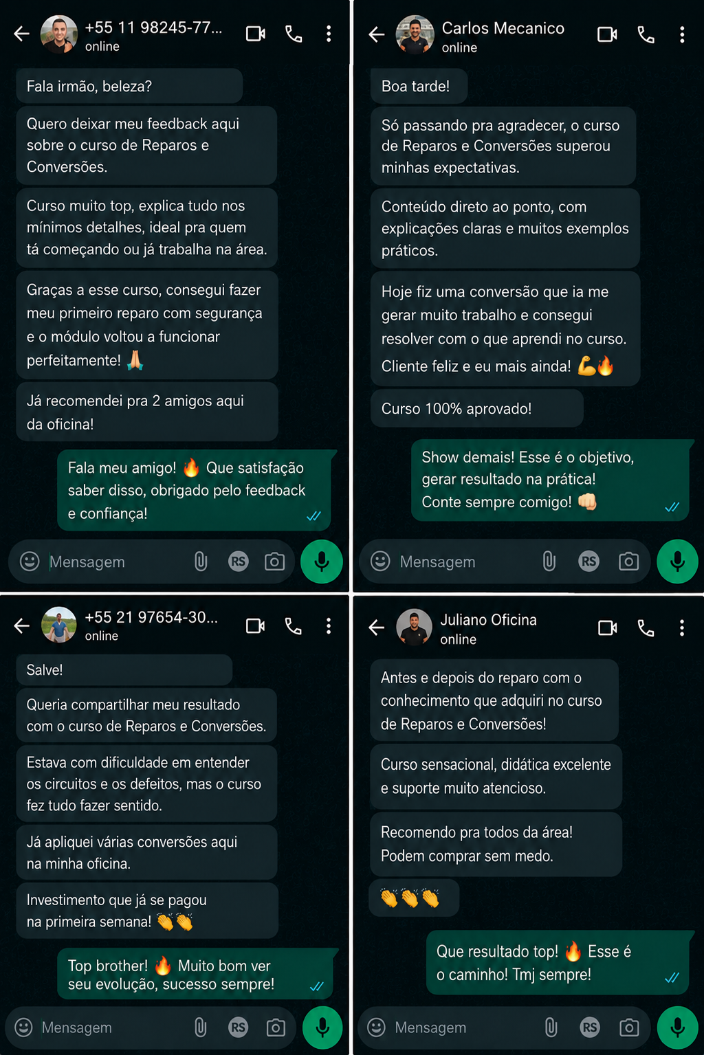 Depoimentos de alunos do curso de Reparos e Conversões via WhatsApp